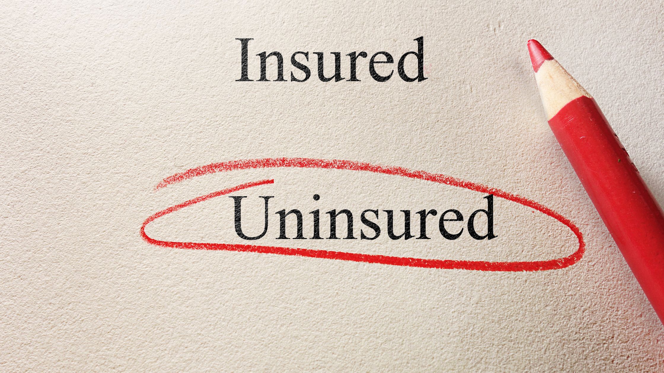 The word 'Uninsured' is circled in red pencil on a paper, emphasizing the query about the consequences of driving without insurance.